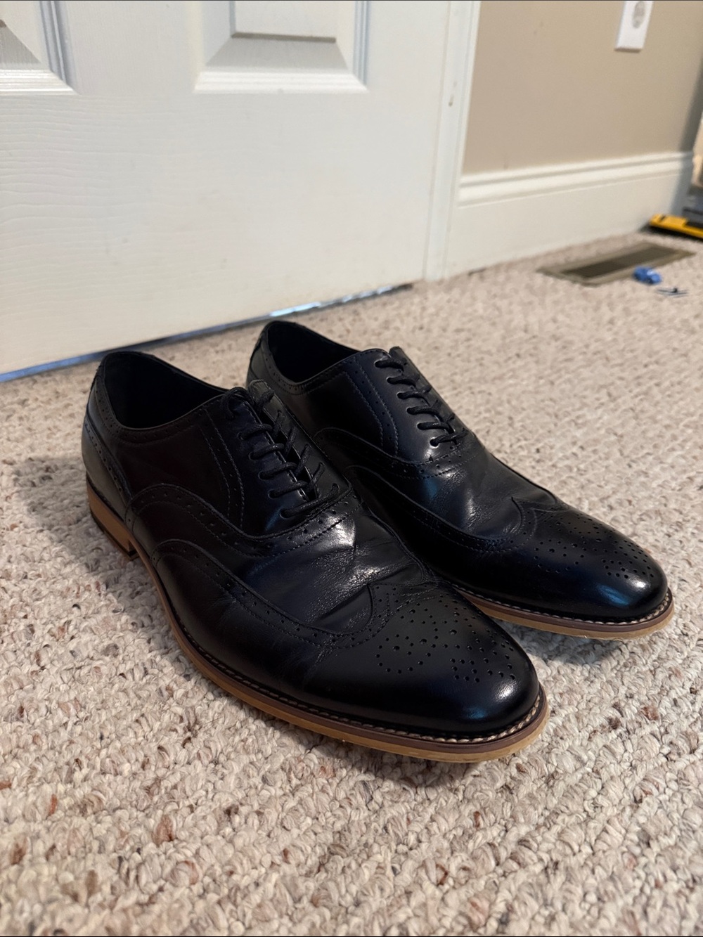 Stacy Adams Black Leather Wingtip Derby with Tan Stacked Sole